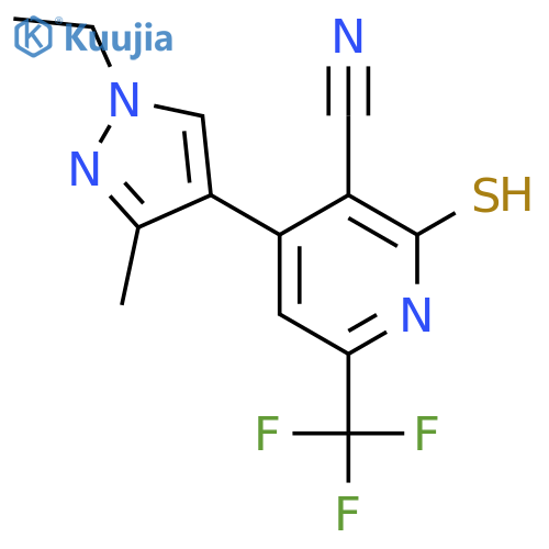 <br>4-(1-Ethyl-3-methyl-1H-pyrazol-4-yl)-2-mercapto-6-(trifluoromethyl)nicotino nitrile structure