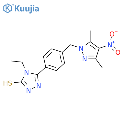 <br>5-(4-((3,5-Dimethyl-4-nitro-1H-pyrazol-1-yl)methyl)phenyl)-4-ethyl-4H-1,2,4 -triazole-3-thiol structure