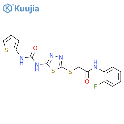 N-(2-fluorophenyl)-2-[(5-{[(thiophen-2-yl)carbamoyl]amino}-1,3,4-thiadiazol-2-yl)sulfanyl]acetamide structure
