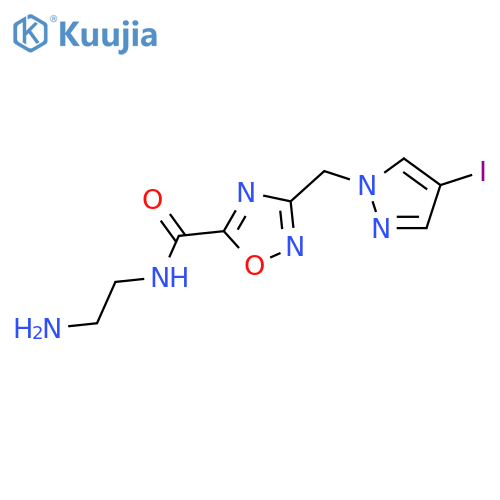 <br>N-(2-Aminoethyl)-3-[(4-iodo-1H-pyrazol-1-yl)methyl]-1,2,4-oxadiazole-5-carb oxamide structure