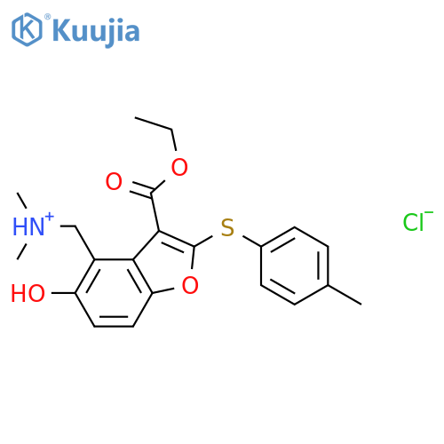 3-Benzofurancarboxylicacid, 4-[(dimethylamino)methyl]-5-hydroxy-2-[(4-methylphenyl)thio]-, ethylester, hydrochloride (1:1) structure
