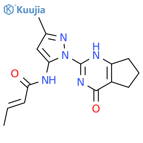 (2E)-N-(3-methyl-1-{4-oxo-3H,4H,5H,6H,7H-cyclopenta[d]pyrimidin-2-yl}-1H-pyrazol-5-yl)but-2-enamide structure