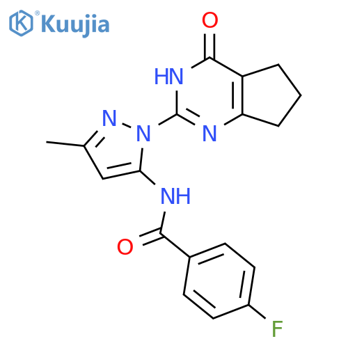 4-fluoro-N-(3-methyl-1-{4-oxo-3H,4H,5H,6H,7H-cyclopenta[d]pyrimidin-2-yl}-1H-pyrazol-5-yl)benzamide structure
