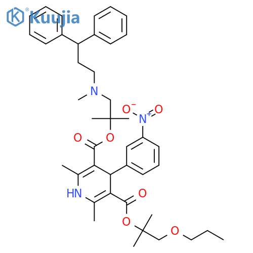 3,5-Pyridinedicarboxylic acid, 1,4-dihydro-2,6-dimethyl-4-(3-nitrophenyl)-, 1,1-dimethyl-2-propoxyethyl 2-[(3,3-diphenylpropyl)methylamino]-1,1-dimethylethyl ester structure