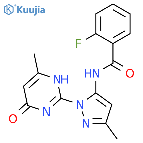 2-fluoro-N-[3-methyl-1-(4-methyl-6-oxo-1,6-dihydropyrimidin-2-yl)-1H-pyrazol-5-yl]benzamide structure