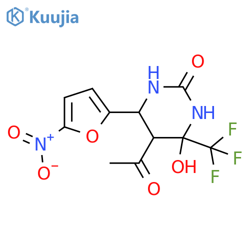 5-acetyl-4-hydroxy-6-(5-nitrofuran-2-yl)-4-(trifluoromethyl)-1,3-diazinan-2-one structure