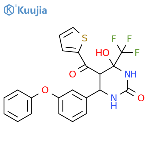 4-hydroxy-6-(3-phenoxyphenyl)-5-(thiophene-2-carbonyl)-4-(trifluoromethyl)-1,3-diazinan-2-one structure