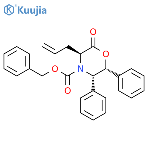 (3S,5S,6R)-4-(benzyloxycarbonyl)-5,6-diphenyl-3-(2'-propenyl)-2,3,5,6-tetrahydro-4H-1,4-oxazin-2-one structure