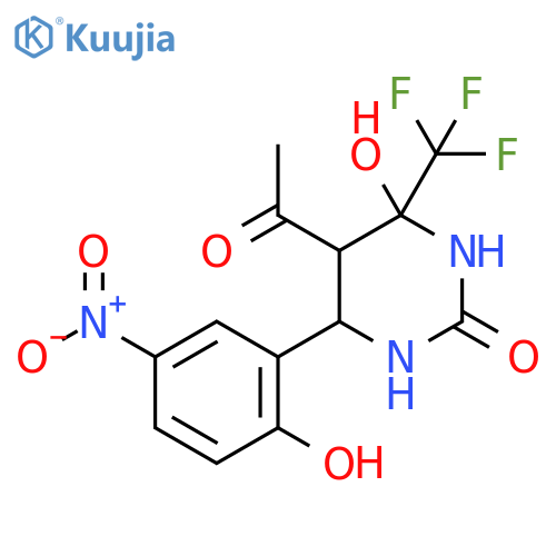 5-acetyl-4-hydroxy-6-(2-hydroxy-5-nitrophenyl)-4-(trifluoromethyl)-1,3-diazinan-2-one structure