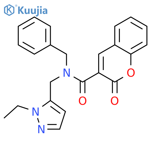 <br>2-Oxo-2H-chromene-3-carboxylic acid benzyl-(2-ethyl-2H-pyrazol-3-ylmethyl)- amide structure