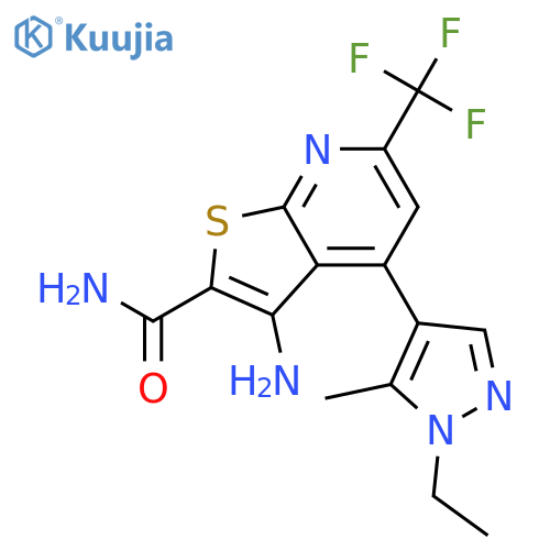 3-amino-4-(1-ethyl-5-methyl-1H-pyrazol-4-yl)-6-(trifluoromethyl)thieno2,3-bpyridine-2-carboxamide structure