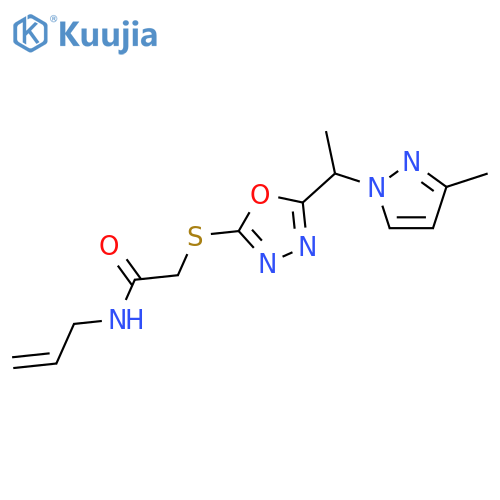 <br>2-({5-[1-(3-methyl-1H-pyrazol-1-yl)ethyl]-1,3,4-oxadiazol-2-yl}sulfanyl)-N- (prop-2-en-1-yl)acetamide structure