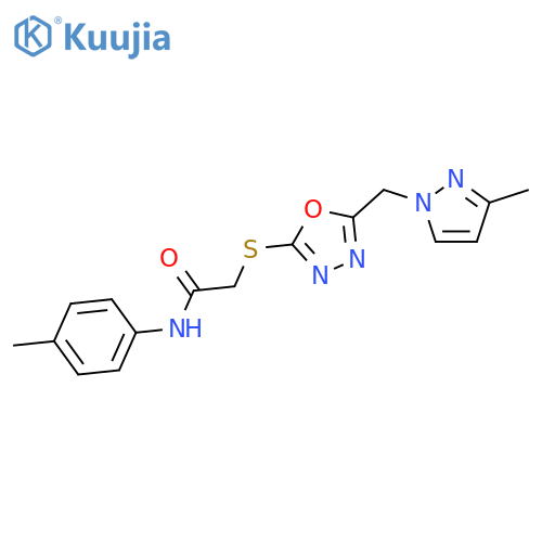 <br>2-[5-(3-Methyl-pyrazol-1-ylmethyl)-[1,3,4]oxadiazol-2-ylsulfanyl]-N-p-tolyl -acetamide structure