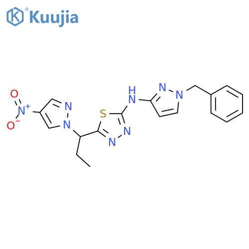 <br>(1-Benzyl-1H-pyrazol-3-yl)-{5-[1-(4-nitro-pyrazol-1-yl)-propyl]-[1,3,4]thia diazol-2-yl}-amine structure
