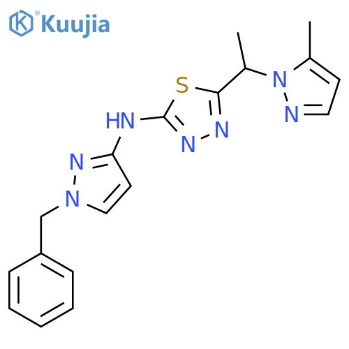 <br>(1-Benzyl-1H-pyrazol-3-yl)-{5-[1-(5-methyl-pyrazol-1-yl)-ethyl]-[1,3,4]thia diazol-2-yl}-amine structure