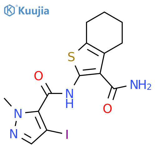 <br>N-(3-carbamoyl-4,5,6,7-tetrahydro-1-benzothiophen-2-yl)-4-iodo-1-methyl-1H- pyrazole-5-carboxamide structure