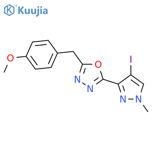 2-(4-Iodo-1-methyl-1H-pyrazol-3-yl)-5-(4-methoxy-benzyl)-[1,3,4]oxadiazole structure
