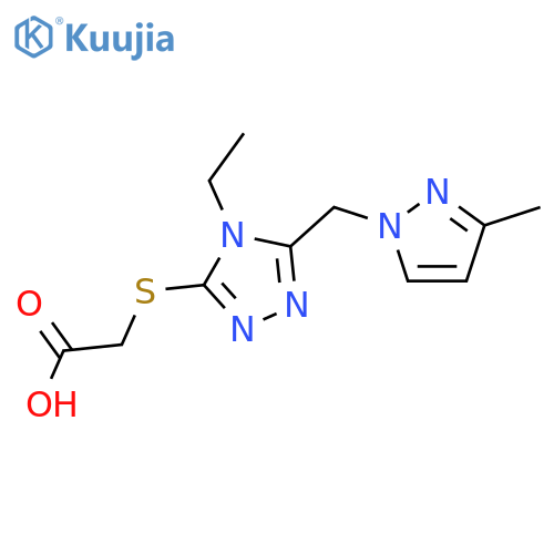 2-({4-ethyl-5-(3-methyl-1H-pyrazol-1-yl)methyl-4H-1,2,4-triazol-3-yl}sulfanyl)acetic acid structure