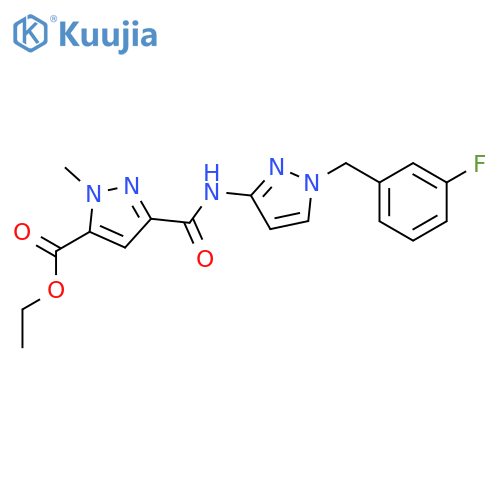 <br>5-[1-(3-Fluoro-benzyl)-1H-pyrazol-3-ylcarbamoyl]-2-methyl-2H-pyrazole-3-car boxylic acid ethyl ester structure