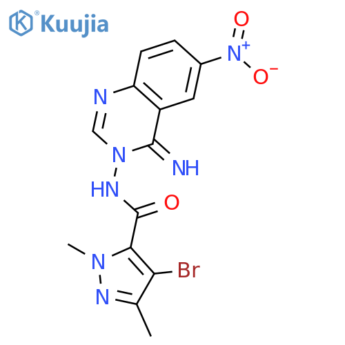 <br>4-bromo-N-(4-imino-6-nitroquinazolin-3(4H)-yl)-1,3-dimethyl-1H-pyrazole-5-c arboxamide structure