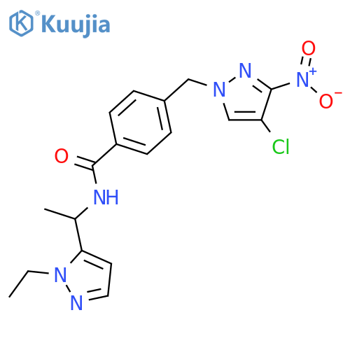 <br>4-(4-Chloro-3-nitro-pyrazol-1-ylmethyl)-N-[1-(2-ethyl-2H-pyrazol-3-yl)-ethy l]-benzamide structure