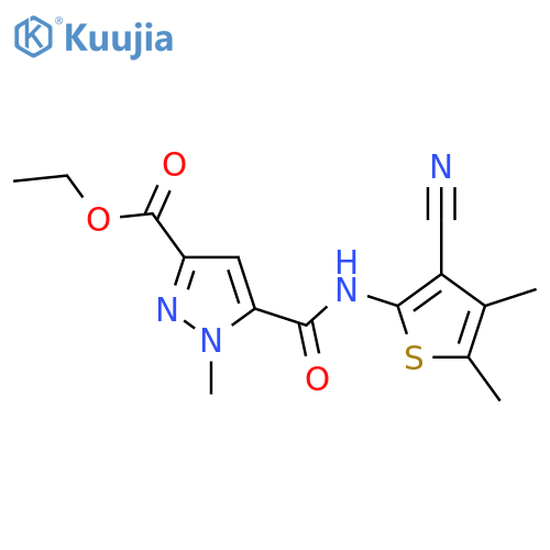 <br>5-(3-Cyano-4,5-dimethyl-thiophen-2-ylcarbamoyl)-1-methyl-1H-pyrazole-3-carb oxylic acid ethyl ester structure