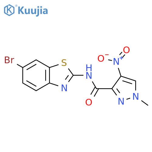 <br>N-(6-bromo-1,3-benzothiazol-2-yl)-1-methyl-4-nitro-1H-pyrazole-3-carboxamid e structure