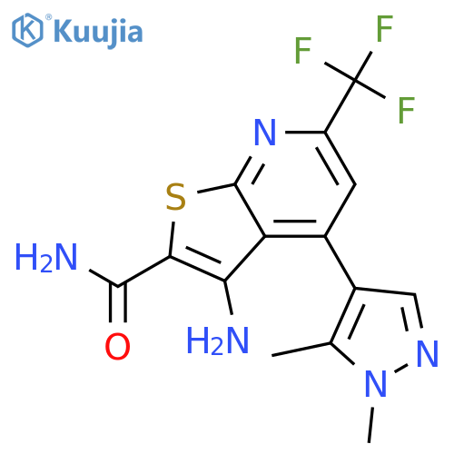 3-amino-4-(1,5-dimethyl-1H-pyrazol-4-yl)-6-(trifluoromethyl)thieno2,3-bpyridine-2-carboxamide structure