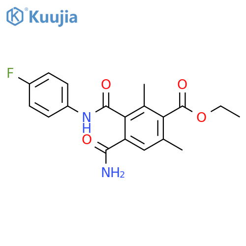 Benzoic acid, 4-(aminocarbonyl)-3-[[(4-fluorophenyl)amino]carbonyl]-2,6-dimethyl-, ethyl ester structure