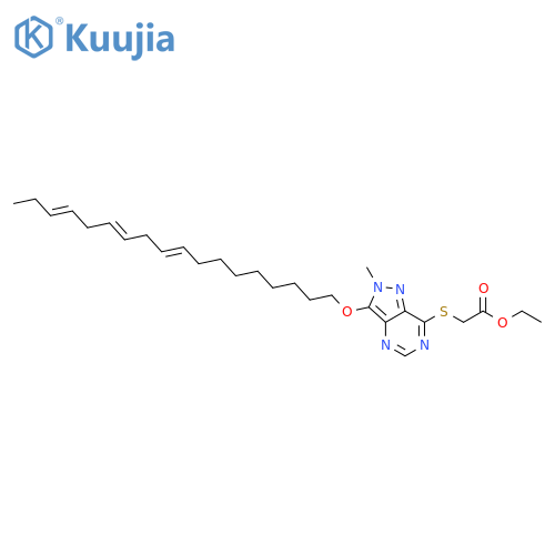 Acetic acid,[[2-methyl-3-(9,12,15-octadecatrienyloxy)-2H-pyrazolo[4,3-d]pyrimidin-7-yl]thio]-,ethyl ester (9CI) structure