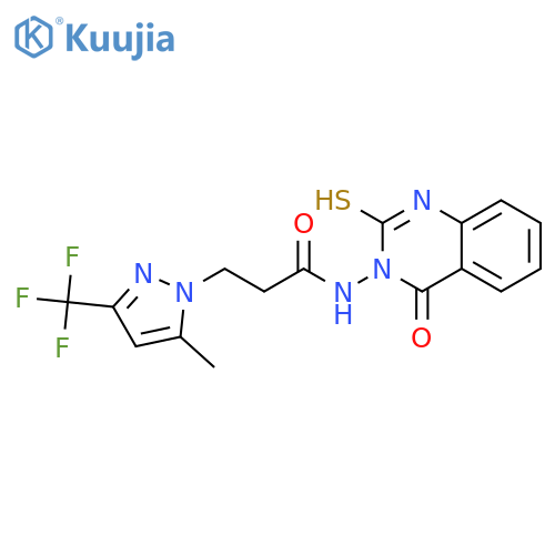 <br>3-[5-methyl-3-(trifluoromethyl)-1H-pyrazol-1-yl]-N-(4-oxo-2-sulfanylquinazo lin-3(4H)-yl)propanamide structure
