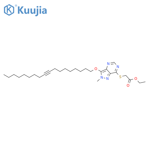 Acetic acid, [[2-methyl-3-(9-octadecynyloxy)-2H-pyrazolo[4,3-d]pyrimidin-7-yl]thio]-, ethyl ester structure