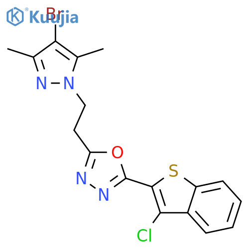 <br>2-[2-(4-Bromo-3,5-dimethyl-pyrazol-1-yl)-ethyl]-5-(3-chloro-benzo[b]thiophe n-2-yl)-[1,3,4]oxadiazole structure