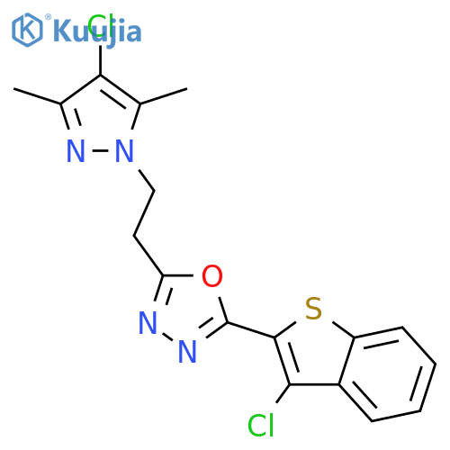 <br>2-(3-chloro-1-benzothien-2-yl)-5-[2-(4-chloro-3,5-dimethyl-1H-pyrazol-1-yl) ethyl]-1,3,4-oxadiazole structure