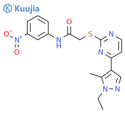 <br>2-[4-(1-Ethyl-5-methyl-1H-pyrazol-4-yl)-pyrimidin-2-ylsulfanyl]-N-(3-nitro- phenyl)-acetamide structure