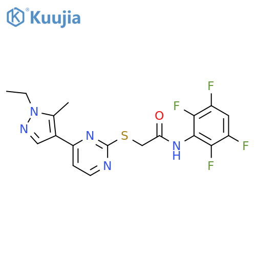<br>2-{[4-(1-ethyl-5-methyl-1H-pyrazol-4-yl)pyrimidin-2-yl]thio}-N-(2,3,5,6-tet rafluorophenyl)acetamide structure