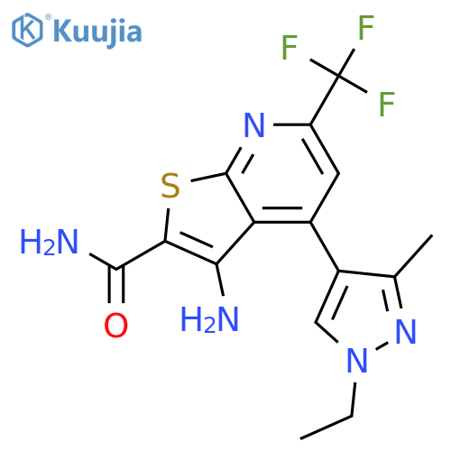 3-amino-4-(1-ethyl-3-methyl-1H-pyrazol-4-yl)-6-(trifluoromethyl)thieno2,3-bpyridine-2-carboxamide structure