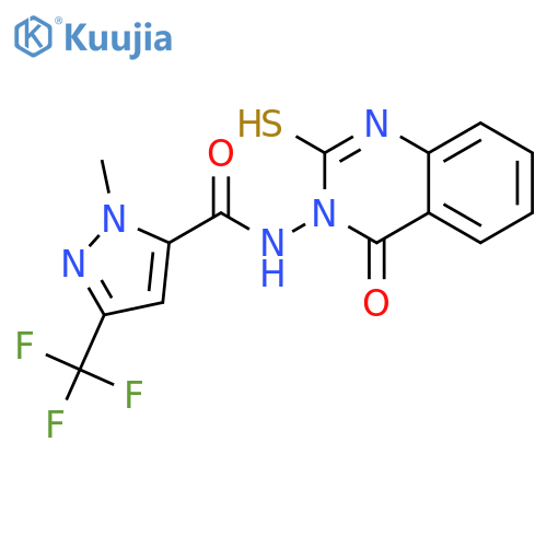 <br>1-methyl-N-(4-oxo-2-sulfanylquinazolin-3(4H)-yl)-3-(trifluoromethyl)-1H-pyr azole-5-carboxamide structure