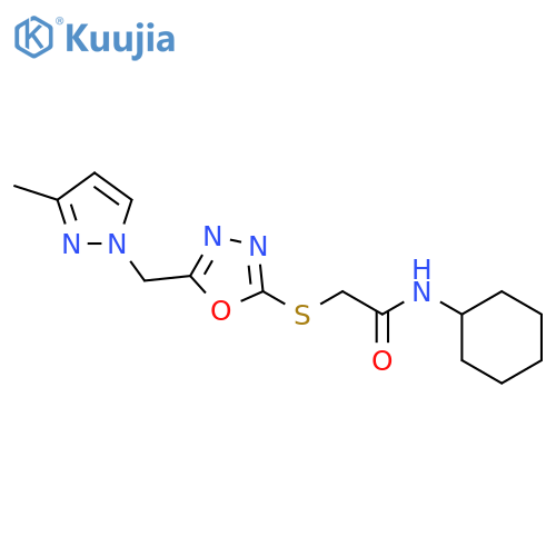 <br>N-Cyclohexyl-2-[5-(3-methyl-pyrazol-1-ylmethyl)-[1,3,4]oxadiazol-2-ylsulfan yl]-acetamide structure