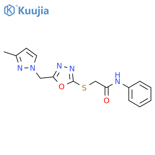 <br>2-({5-[(3-methyl-1H-pyrazol-1-yl)methyl]-1,3,4-oxadiazol-2-yl}thio)-N-pheny lacetamide structure