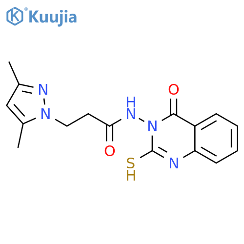 <br>3-(3,5-Dimethyl-pyrazol-1-yl)-N-(2-mercapto-4-oxo-4H-quinazolin-3-yl)-propi onamide structure