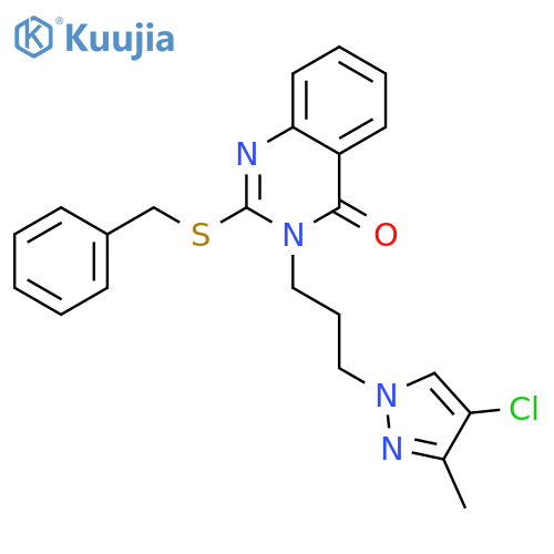 <br>2-(benzylsulfanyl)-3-[3-(4-chloro-3-methyl-1H-pyrazol-1-yl)propyl]quinazoli n-4(3H)-one structure
