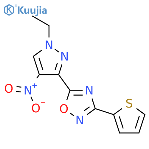 5-(1-ethyl-4-nitro-1H-pyrazol-3-yl)-3-(thiophen-2-yl)-1,2,4-oxadiazole structure