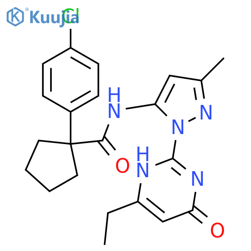1-(4-chlorophenyl)-N-[1-(4-ethyl-6-oxo-1,6-dihydropyrimidin-2-yl)-3-methyl-1H-pyrazol-5-yl]cyclopentane-1-carboxamide structure