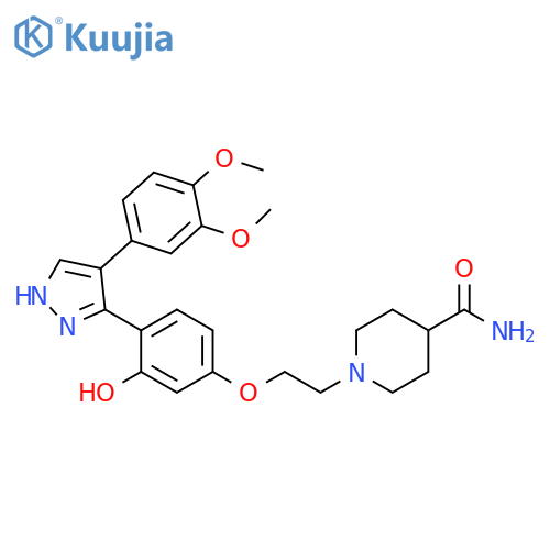 1-(2-{4-[4-(3,4-dimethoxyphenyl)-1H-pyrazol-3-yl]-3-hydroxyphenoxy}ethyl)piperidine-4-carboxamide structure