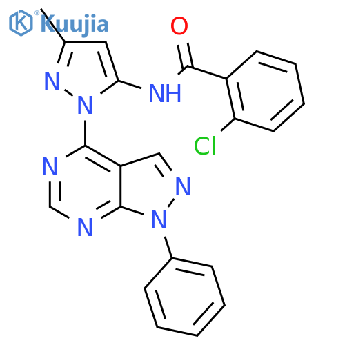 2-chloro-N-(3-methyl-1-{1-phenyl-1H-pyrazolo[3,4-d]pyrimidin-4-yl}-1H-pyrazol-5-yl)benzamide structure