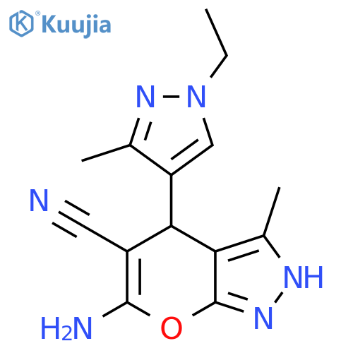 6-Amino-4-(1-ethyl-3-methyl-1H-pyrazol-4-yl)-3-methyl-1,4-dihydropyrano2,3-cpyrazole-5-carbonitrile structure