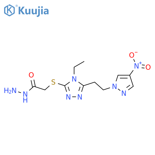 <br>2-({4-ethyl-5-[2-(4-nitro-1H-pyrazol-1-yl)ethyl]-4H-1,2,4-triazol-3-yl}sulf anyl)acetohydrazide structure