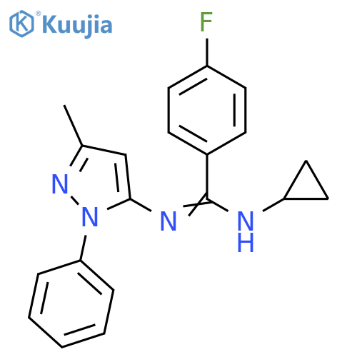 N-cyclopropyl-4-fluoro-N'-(3-methyl-1-phenyl-1H-pyrazol-5-yl)benzene-1-carboximidamide structure