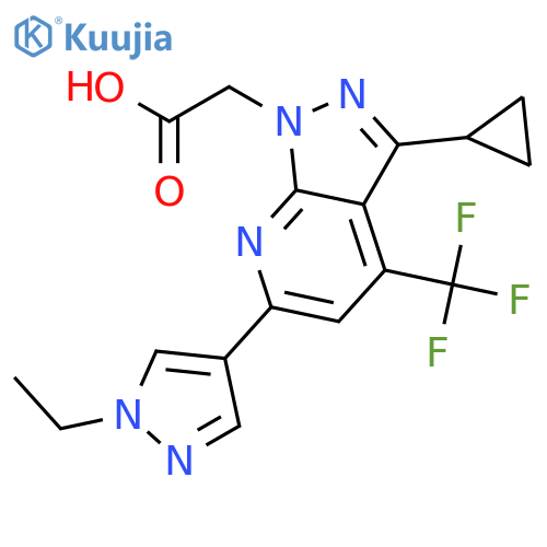2-3-cyclopropyl-6-(1-ethyl-1H-pyrazol-4-yl)-4-(trifluoromethyl)-1H-pyrazolo3,4-bpyridin-1-ylacetic acid structure
